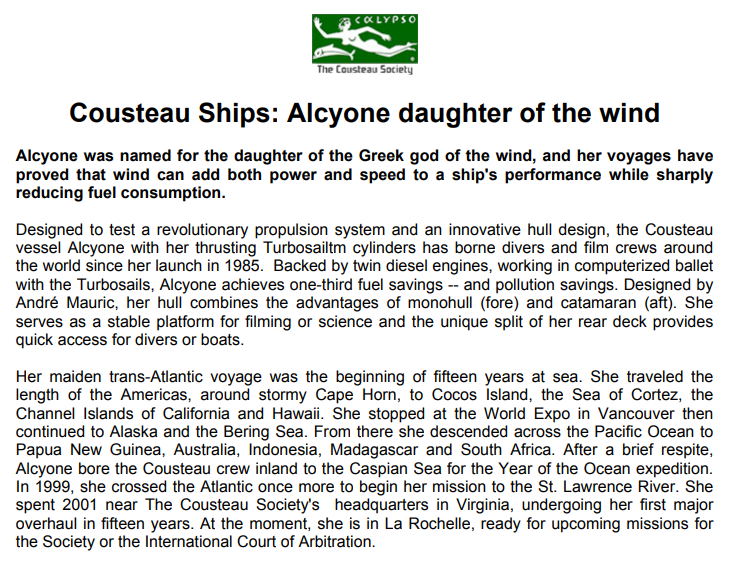 Original Cousteau Ships document describing Alcyone, daughter of the wind
