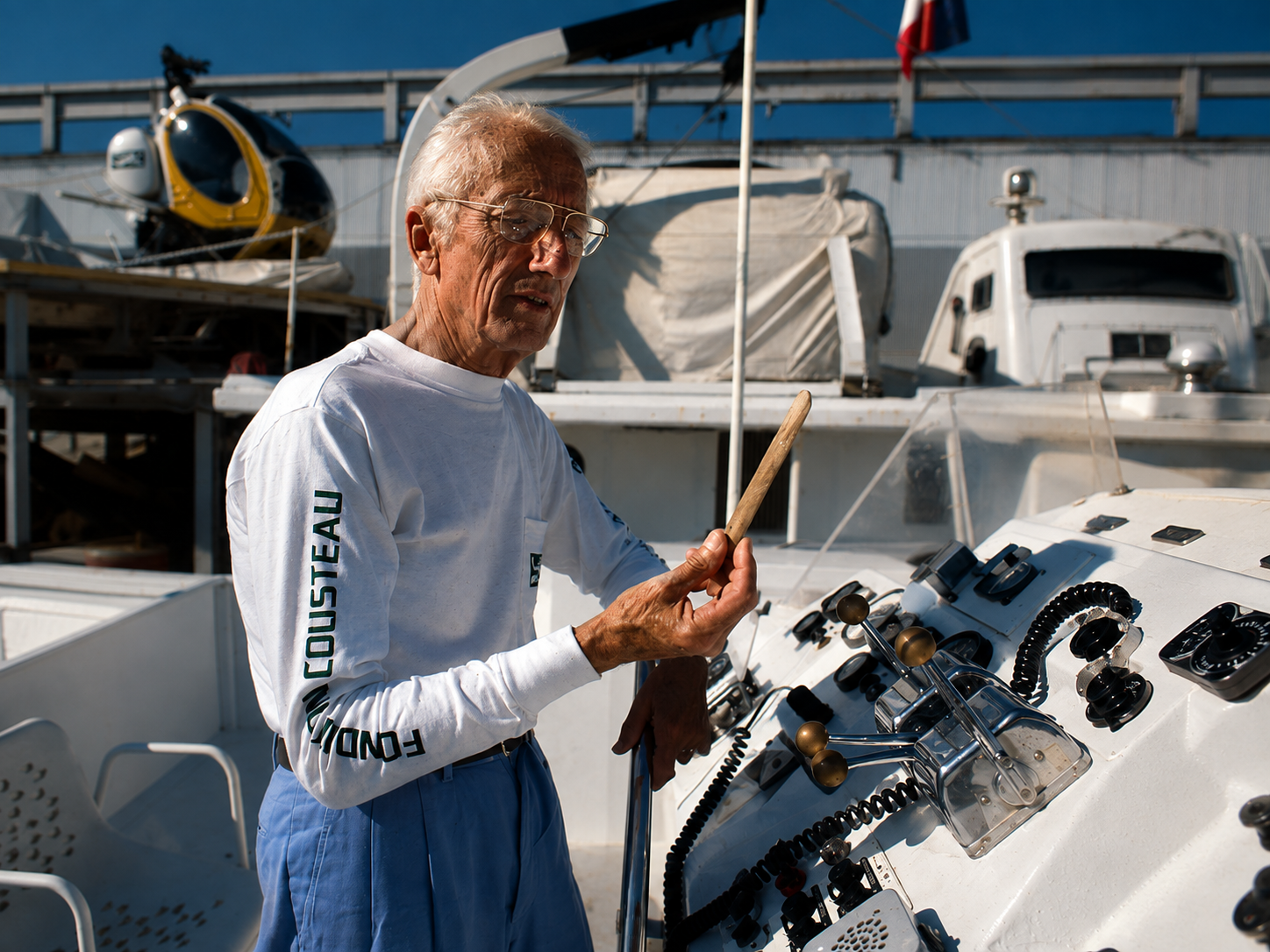 Jacques-Yves Cousteau aboard Moulin à Vent during the vessel’s experimental period
