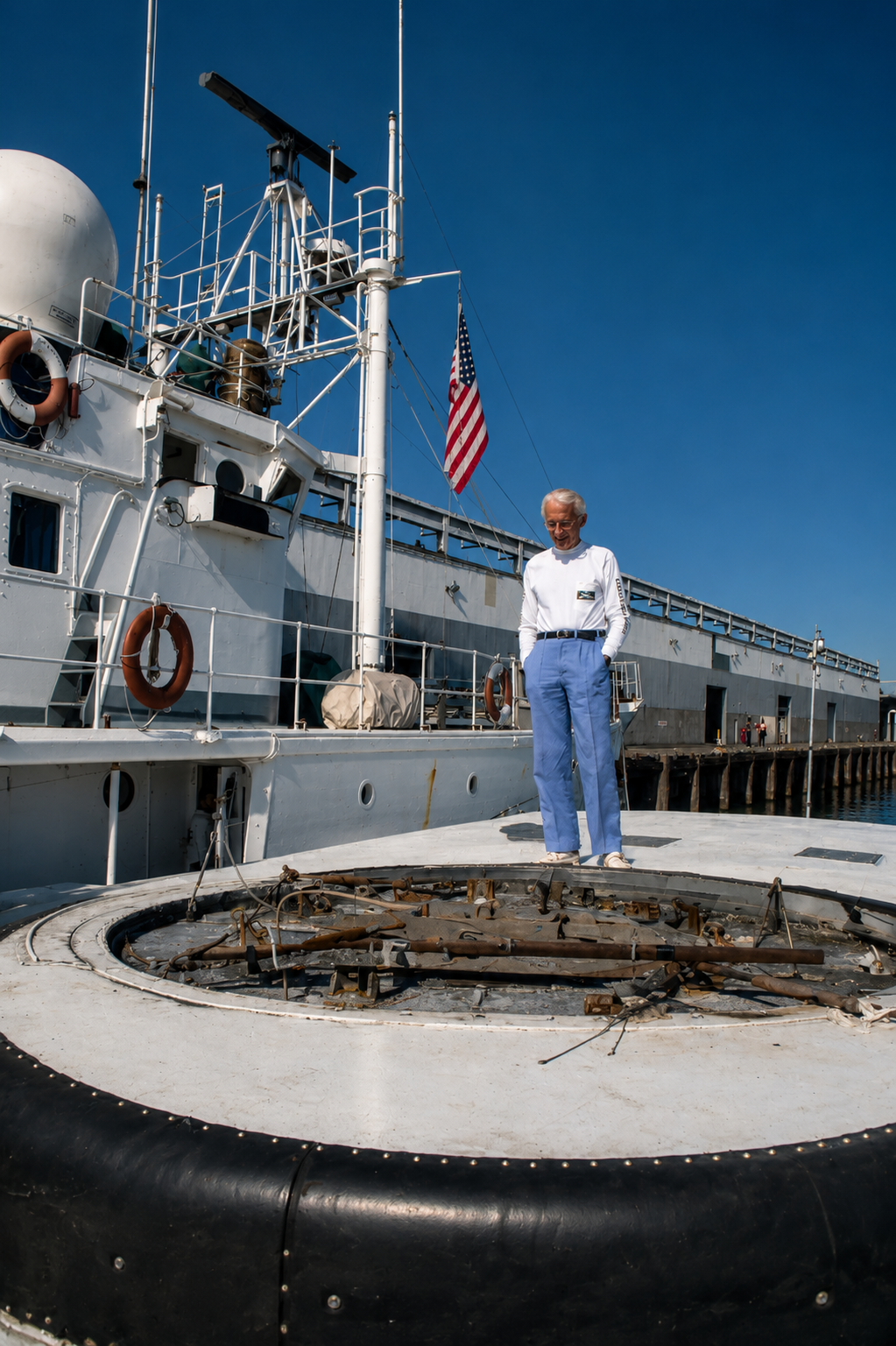 Jacques-Yves Cousteau aboard Moulin à Vent in Norfolk, Virginia