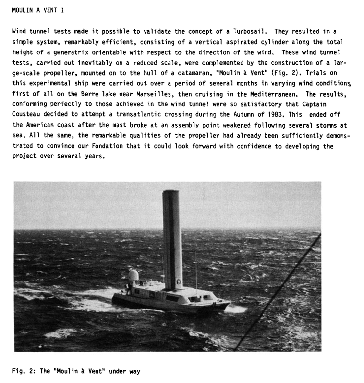 Historical publication page describing Moulin à Vent Turbosail trials